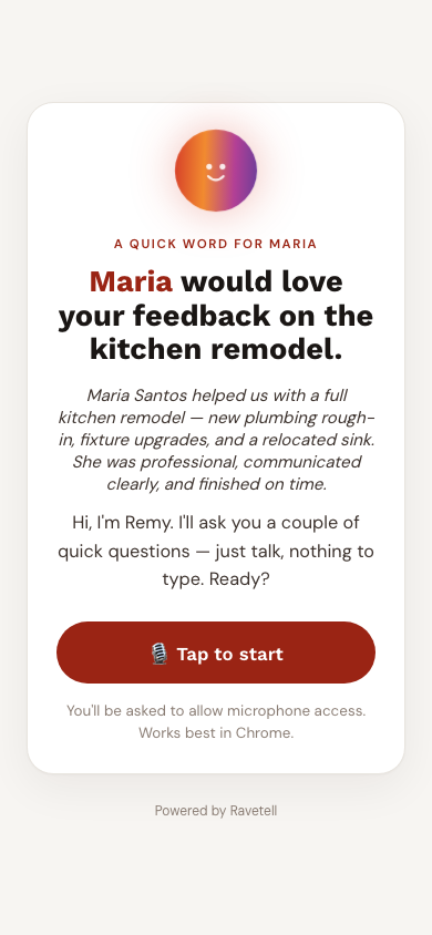 What your client sees when Remy calls, a warm call screen